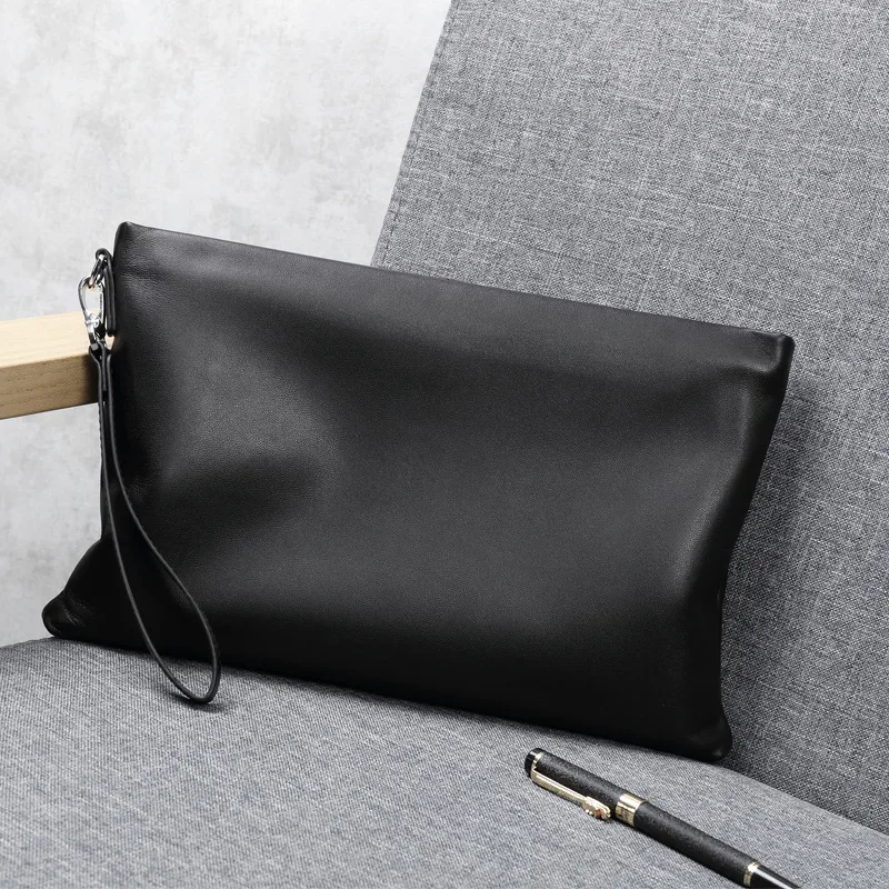 New Genuine Leather Men's Envelope Clutch Bag Large Capacity Business Handbag Wristlet Purse for Daily Commute Travel