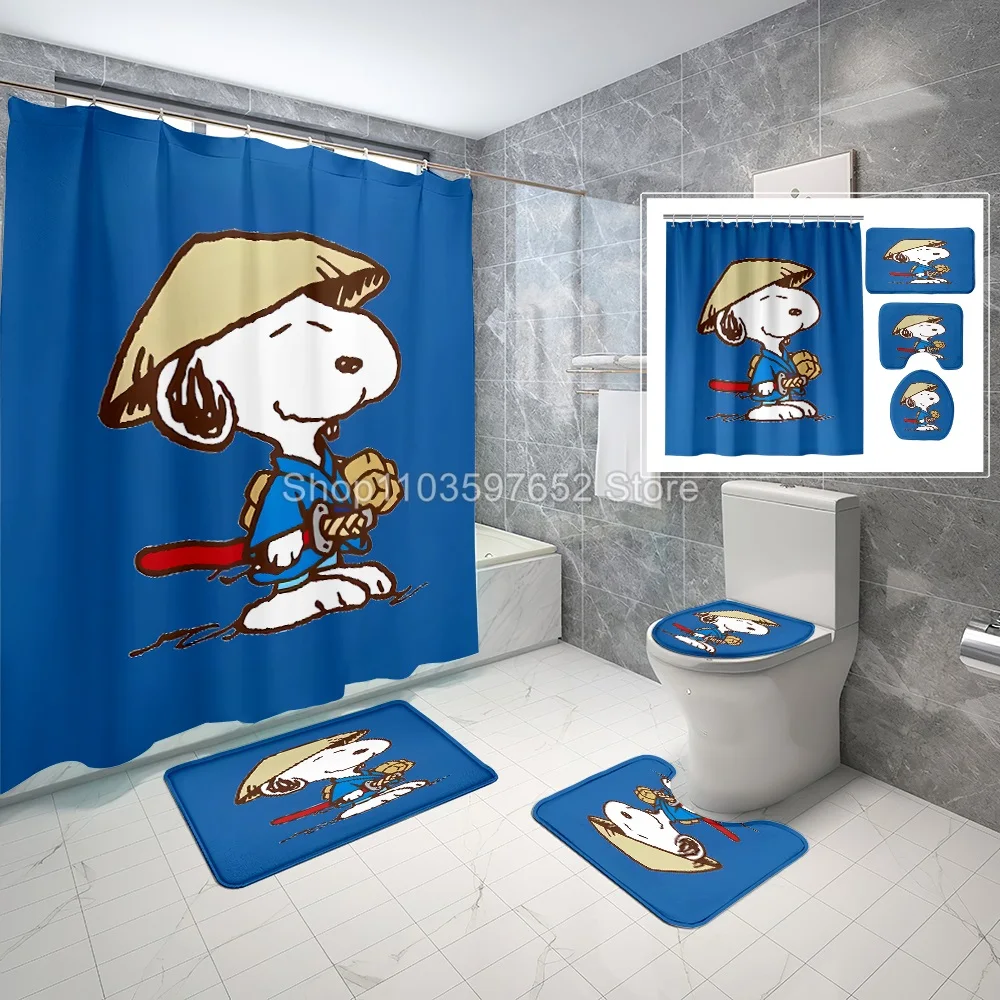 Snoopy Shower Curtain Bath Mats 4 Set Piece Various Sizes Kawaii Bathroom Cartoon Great Gift Kids Cute 100% Polyester