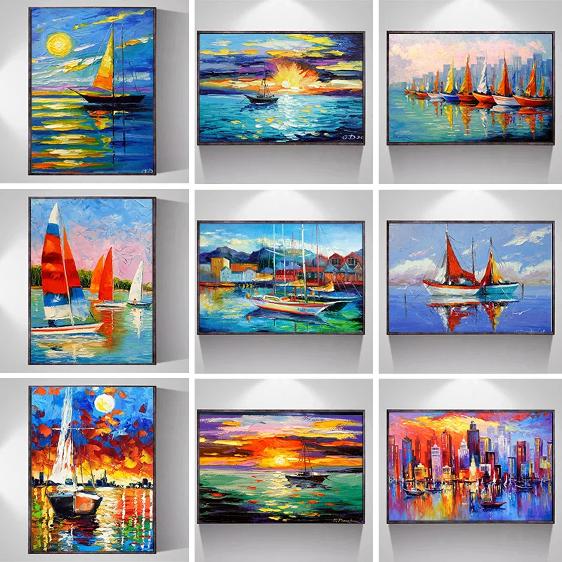 Pintura en lienzo al óleo de barcos clásicos sin marco, vista de paisaje marino, carteles e impresiones de barcos, imagen artística de pared para sala de estar y hogar, 1 ud.