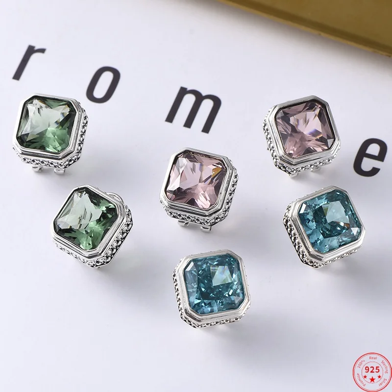 S925 Sterling Silver Studs Earrings for Women Argentum Edged Square Tangent Plane Zircon Morganite Ear Studs Punk Jewelry