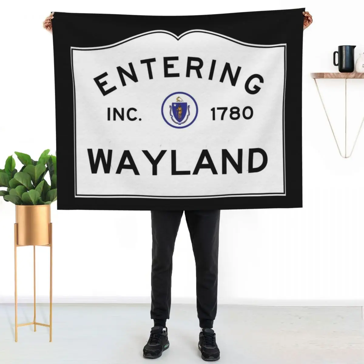 Entering Wayland Massachusetts - Commonwealth of Massachusetts Road Sign Throw Blanket Plaid on the sofa Warm Blankets