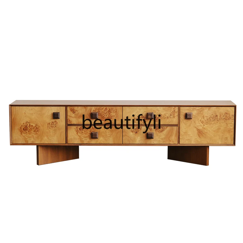 

Medieval poplar TV cabinet teak veneer locker retro storage cabinet against the wall high leg small apartment