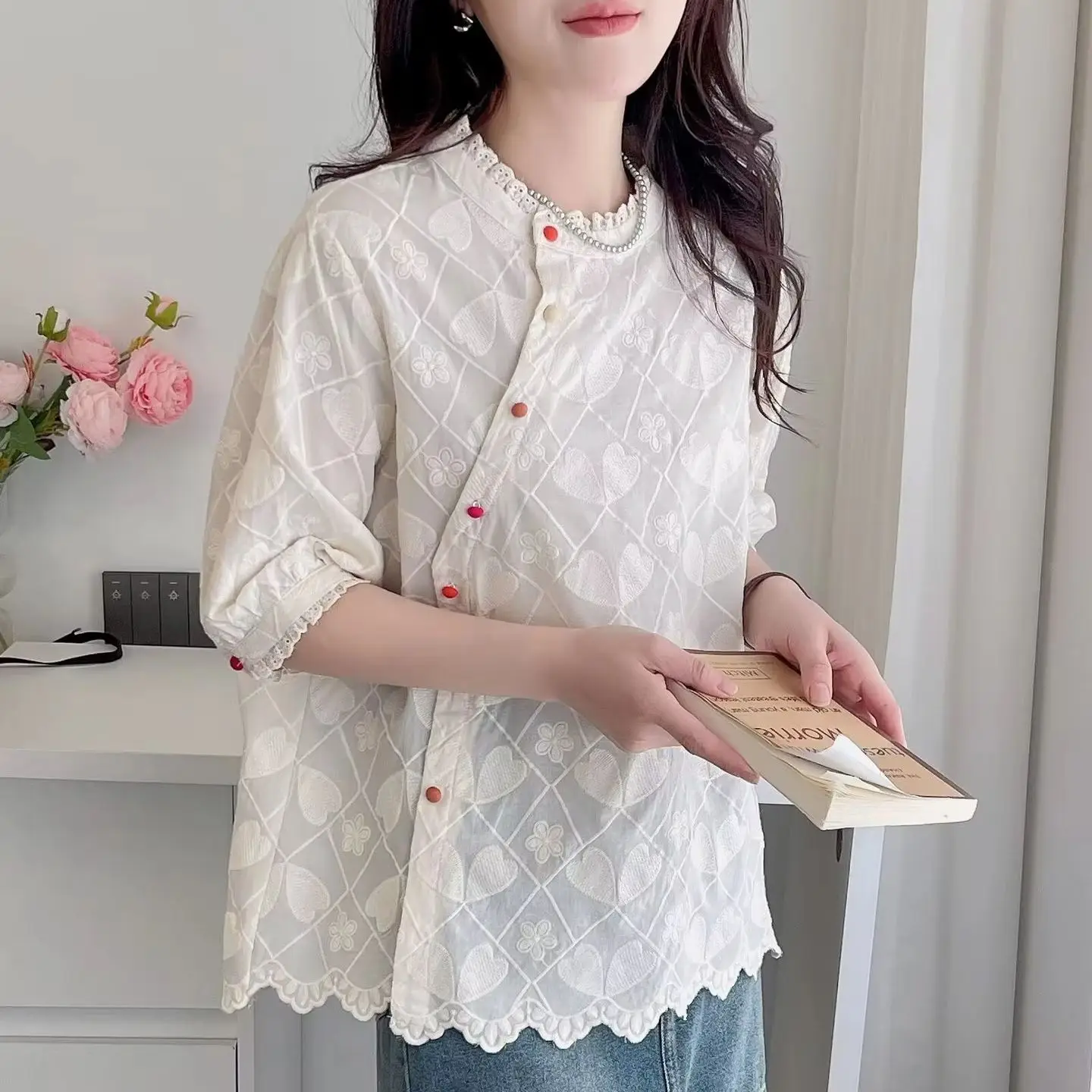 Mori kei clothing stand collar lace embroider cotton blouses women short sleeve heart-shaped shirts fashion women's clothing