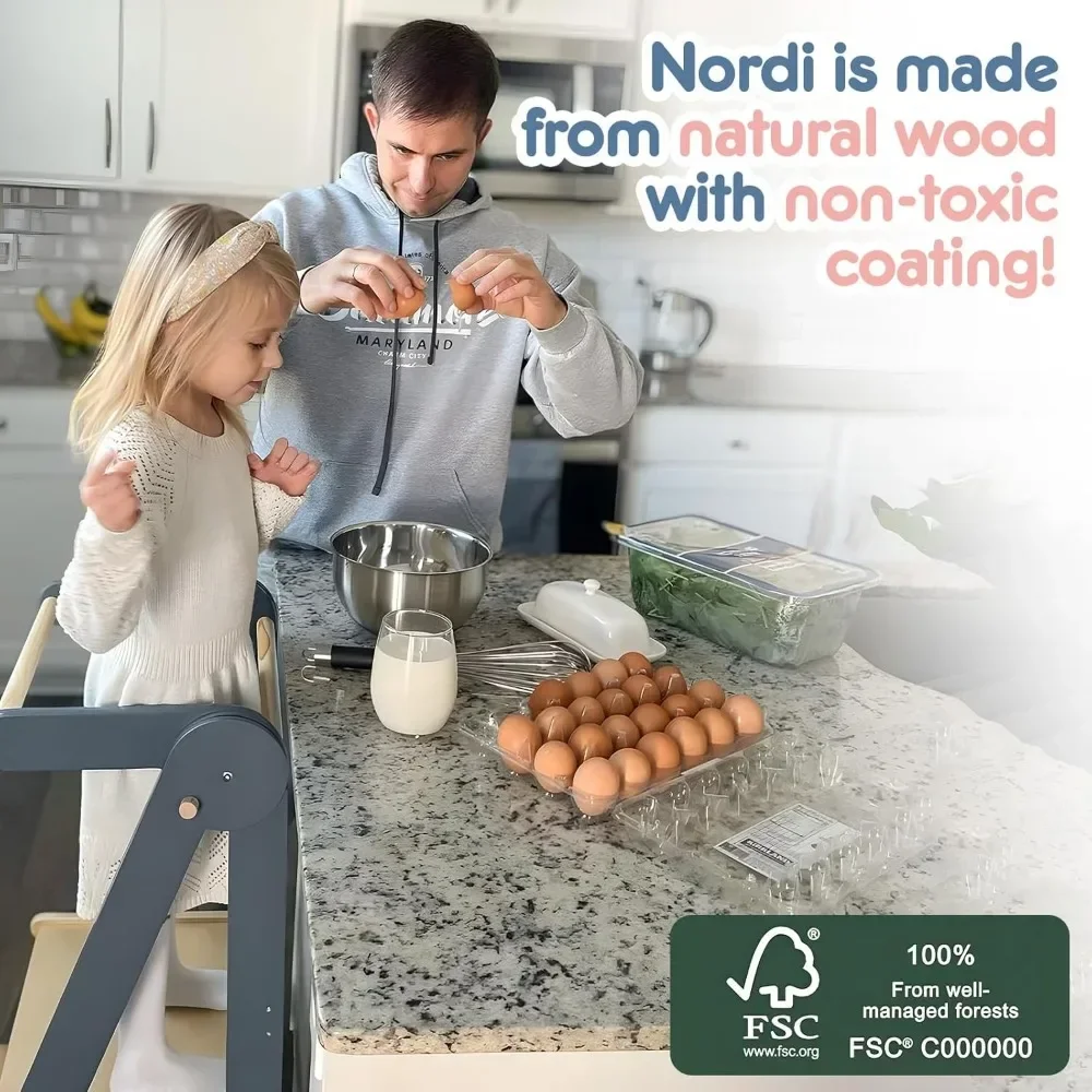 Nordic Foldable Kitchen Tower para criança, Ajudante de fezes de cozinha, Torre permanente com 3 alturas ajustáveis, idade adequada para 1,5 a 6 anos