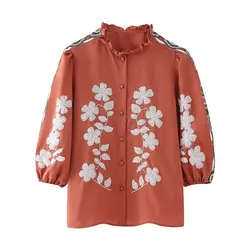 2024 Spring Summer Women Embroidery Sleeves Shirts Casual Single Breasted Loose Blouses Female Vintage Print Tops Streetwears