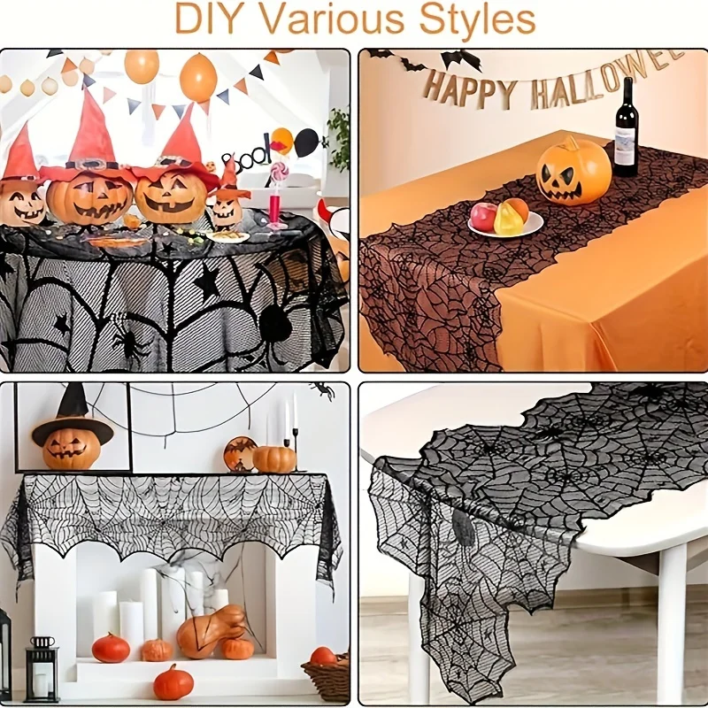 4-teiliges Set Halloween-Tischdecke Spinnennetz Kamin Einweg-Fledermaus-Spinnen-Tisch-Rolle Runde Tischdecke Lampenschirm-Dekoration – Detail 1