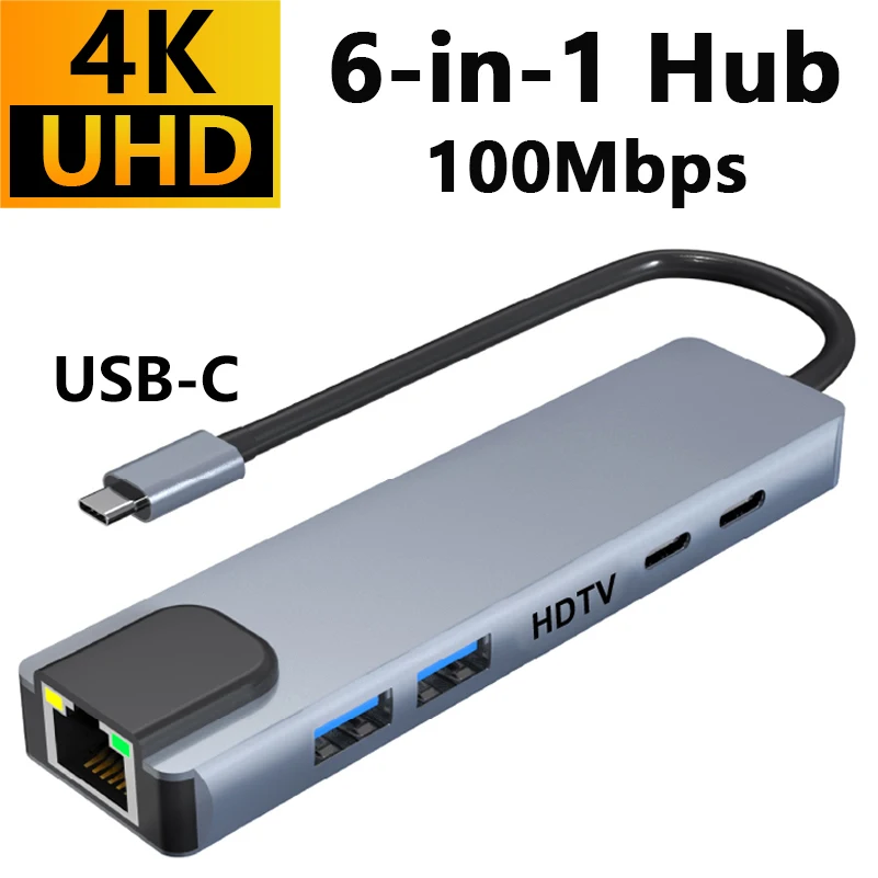 6-in-1 USB C Hub with HDTV Output, USB 3.0, USB 2.0, USB-C 2.0, PD Fast Charging and RJ45 100Mbps Ethernet for Laptop Tablet