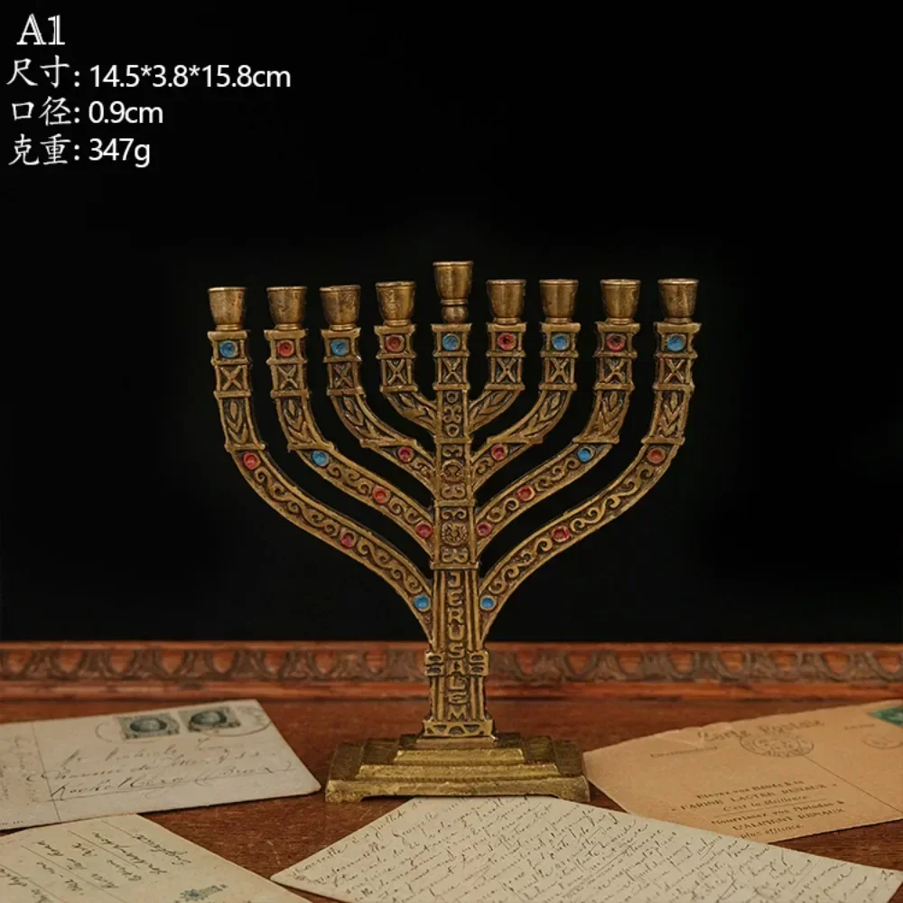 Decorative vintage brass candle holders with 7 heads, bells and antique-style copper furnishings Menorah