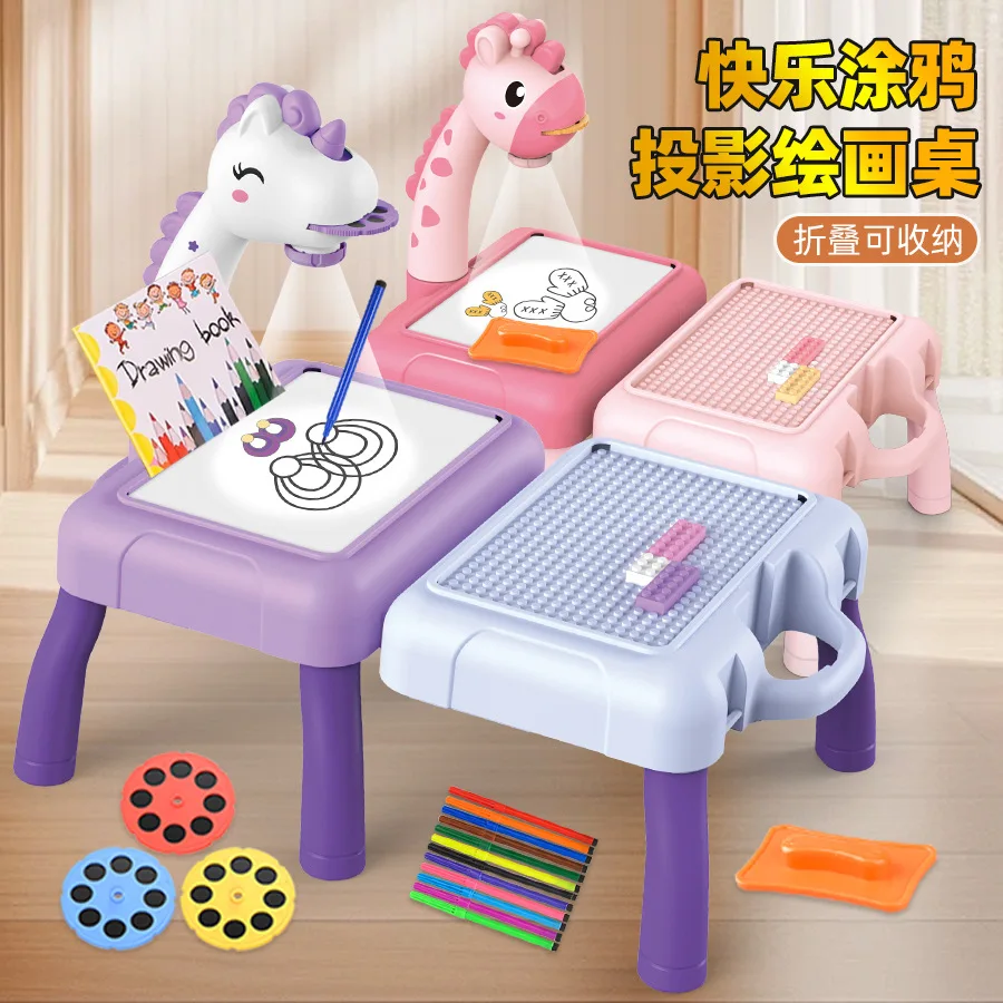 Table à dessin de projection multifonctionnelle, en forme de dessin animé avec son et lumière, dessin graffiti, tableau d'écriture, jouet pour enfants