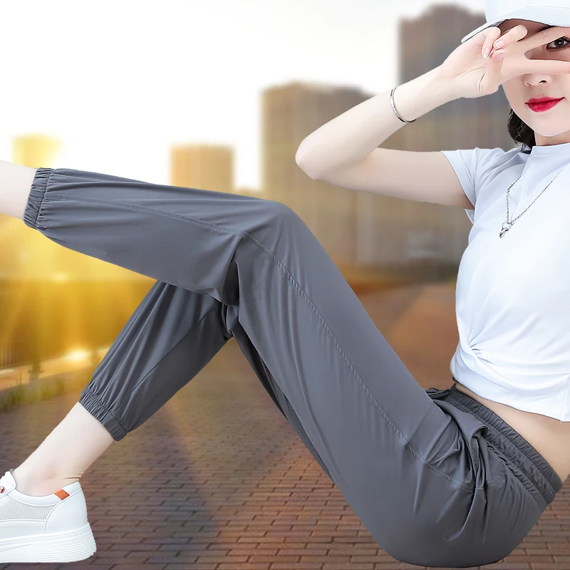 

Ice Silk Loose Sports Pants Women's Summer Thin New Sle Trousers High Waist Nine Points Nylon Spandex Harlan Pants
