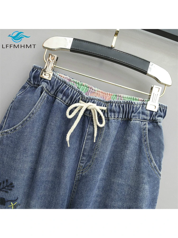 8265 Women Fashion Korea Style Cartoon Cat Embroidery Baggy Elastic Waist High Waist Denim Cropped Pants Female Harem Jeans