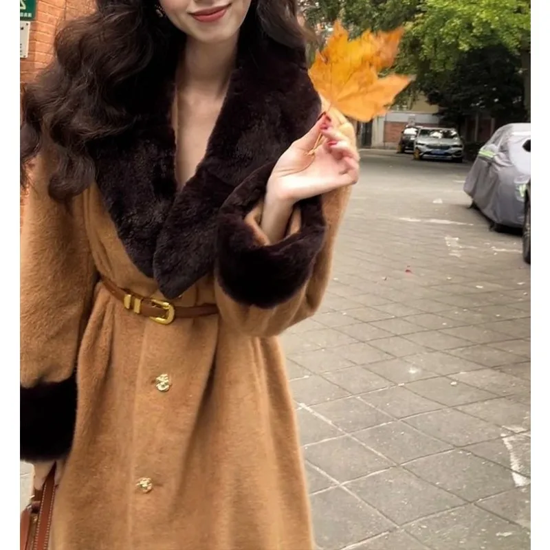 Шерстяное пальто во французском стиле ретро в ленивом стиле с длинным меховым воротником, женское осенне-зимнее новое высококачественное пальто темперамента