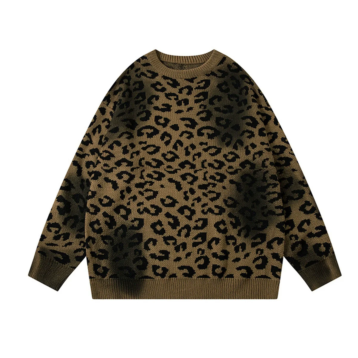 Vintage Leopard Knit Sweater 2025 Autumn Distressed Grunge Streetwear Pullover Couple Casual Knitwear Hipster