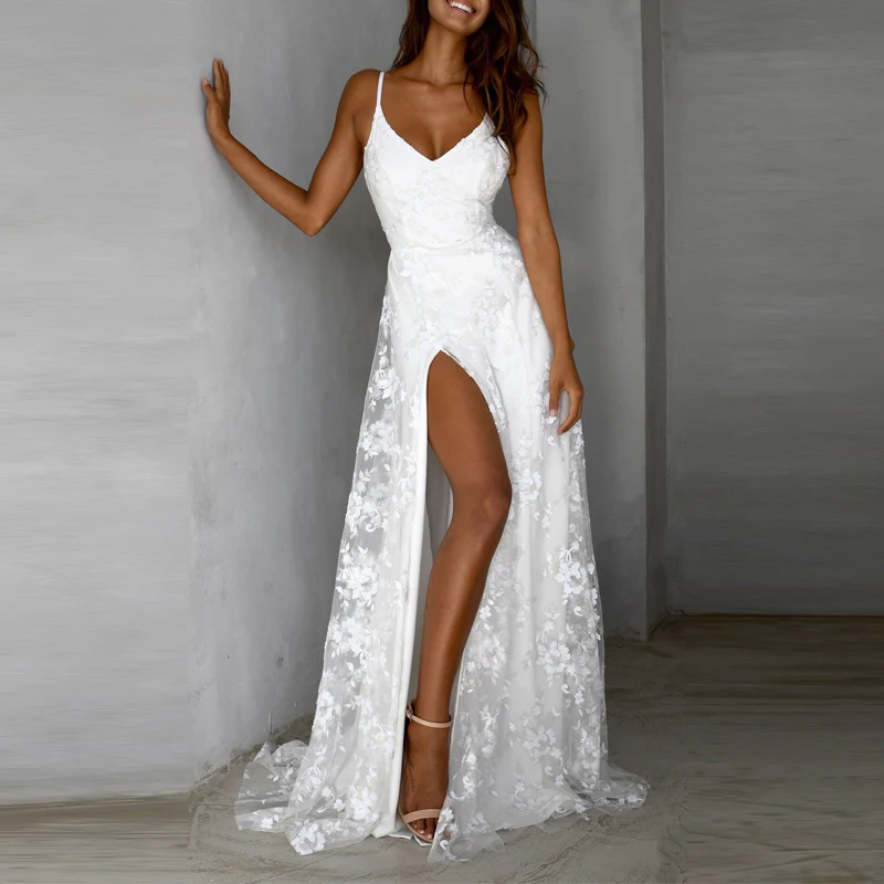 Abito lungo elegante in filato di pizzo ricamato bianco Abito lungo da donna elegante con spacco senza schienale Abito da cerimonia nuziale sexy con