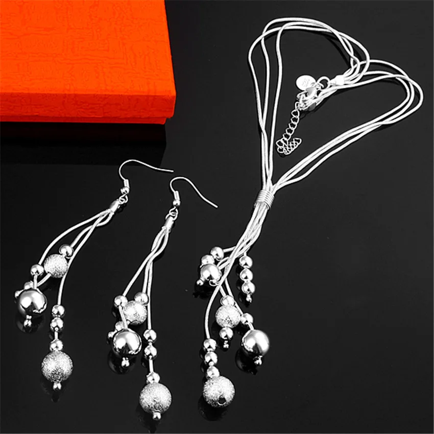 

Hot korean fashion Tassel Beads 925 Sterling Silver necklace earrings Jewelry set for women Party wedding accessories Gifts