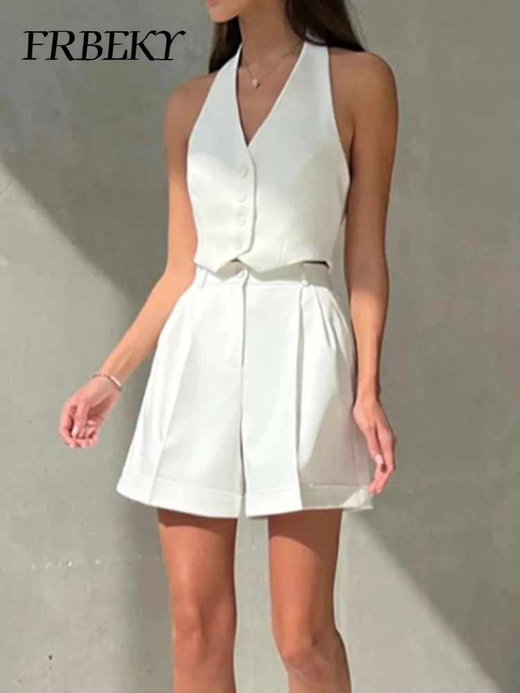 Elegant Sets for Women 2 Pieces Summer New in Matching Sets Commuter Style Sleeveless V-neck Hanging Neck Shorts Two-piece