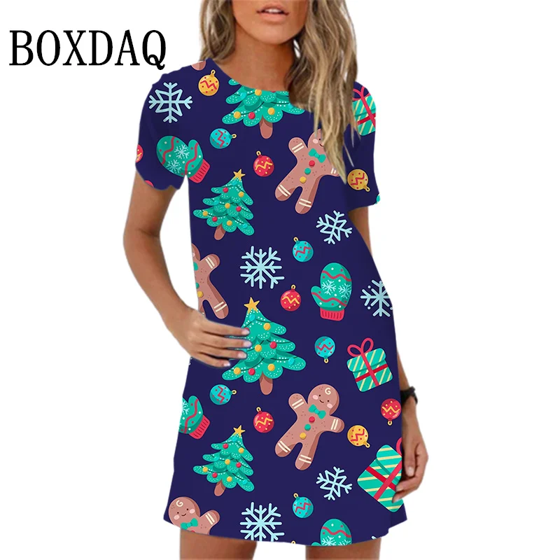

Модное милое платье с рождественским мультяшным принтом, Новинка лета 2023, свободное платье-трапеция с коротким рукавом и круглым вырезом, повседневные платья для рождественской вечеринки