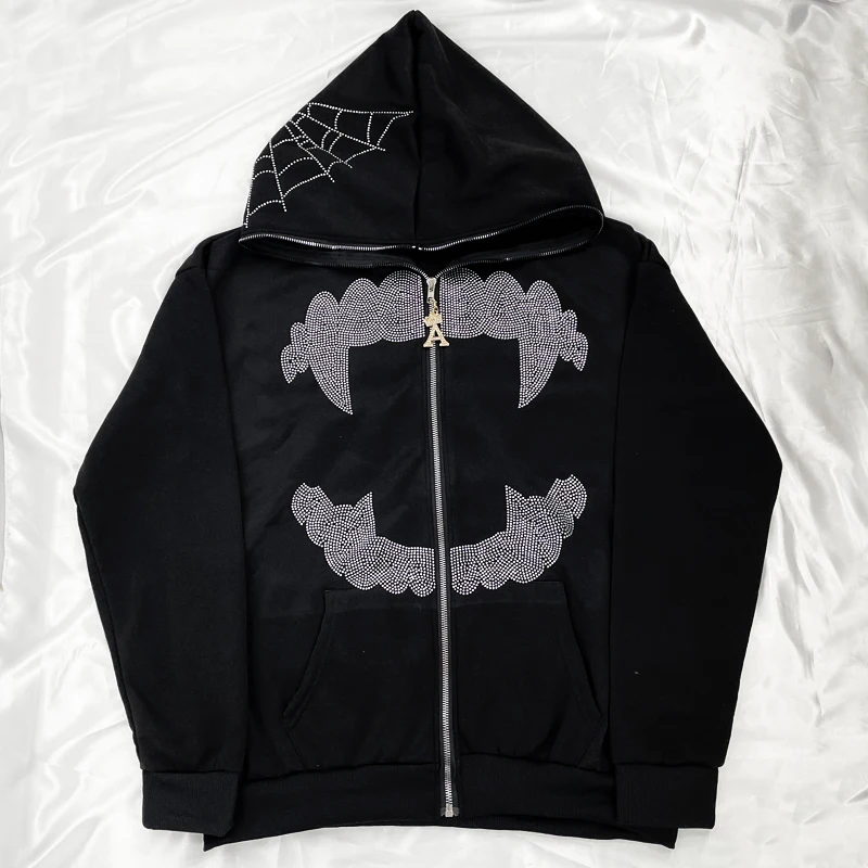 Y2k Hoodies Goth Hip Hop Rhinestone Teeth Spider Web 26 Letter Crown Full Zipper Black Oversized Jacket Sweatshirts