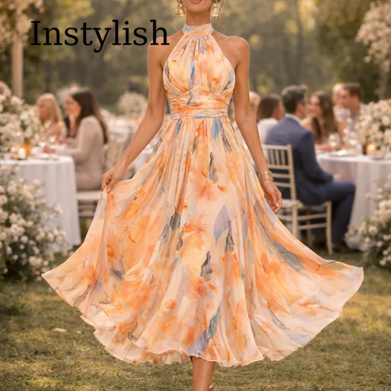 Elegantes Damenkleid in Dopamin-Farben mit Blumenmuster, Neckholder und Rückenausschnitt, Hochwertiges Sommerkleid für Strand und Meer