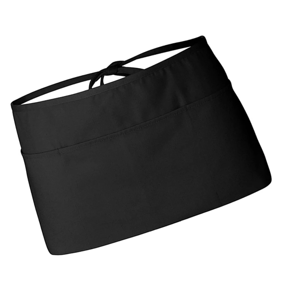 

Black Restaurant Work Apron Polyester Half Waist Apron with 3 Pockets for Women Waitress Server Cafe Hotel Kitchen Use