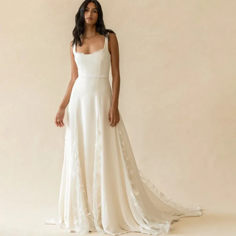 Gaun pengantin panjang A-Line sederhana tanpa lengan kerah persegi pengantin elegan applique tali Spaghetti gaun Backless Vestido 2024