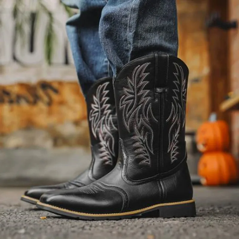 

New Men High Boots Embroidery Retro Handmade Mens Boots Western Cowboy Botas Pointed Toe Boot Hand Stitching Outdoor Men's Shoes