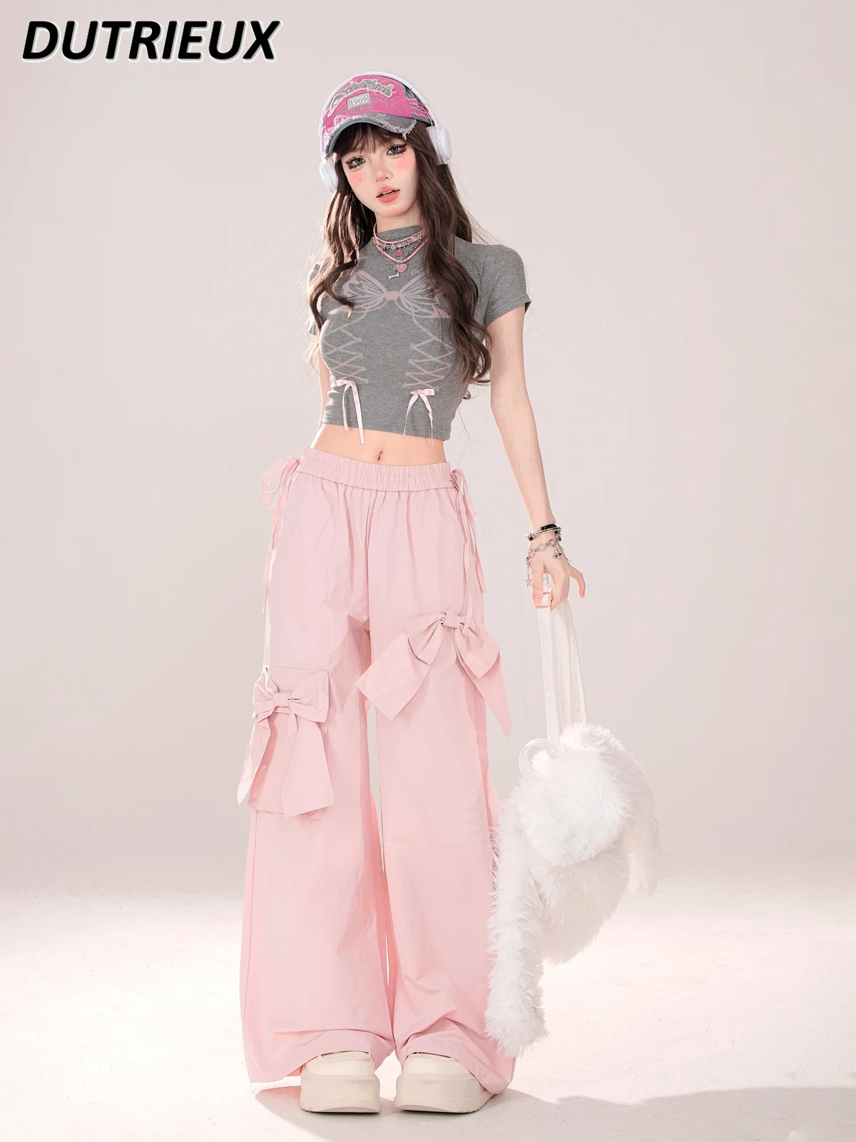 Calça Sweet Lolita feminina, calça casual reta com arco rosa, roupa de trabalho emagrecedora solta com tudo combina, novo estilo, verão