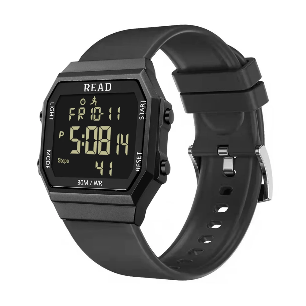 READ Square Digital Watch | Silicone Strap | EL Backlight | Pedometer Alarm Stopwatch | 3ATM Water Resistant Wrist Watch