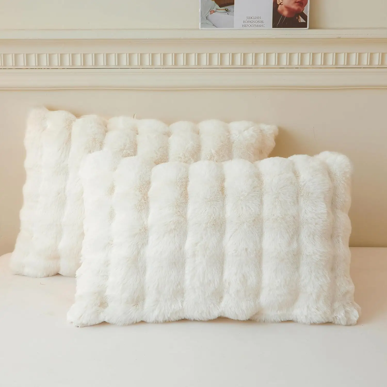 

Fluffy Faux Fur Pillow Cases Set of 2, Soft Plush Shaggy Standard Size with Zipper, Ivory Beige for Bedroom Living Room