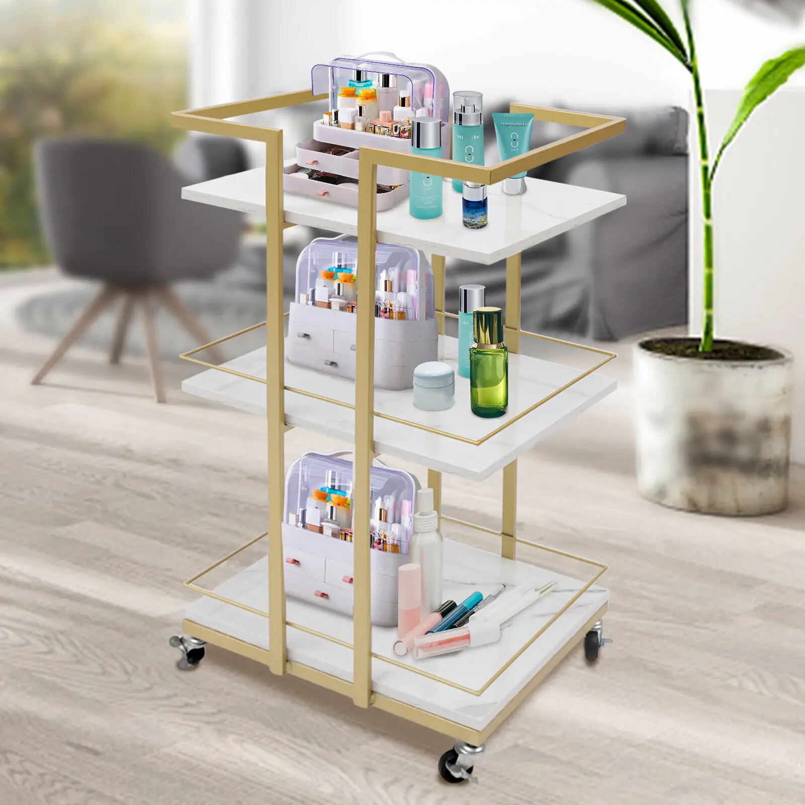 

3 Tier Metal Storage Trolley Barber Cart Cosmetic Storage Mobile Shelving Rack With 360° Wheels For Bedroom Kitchen Bathroom