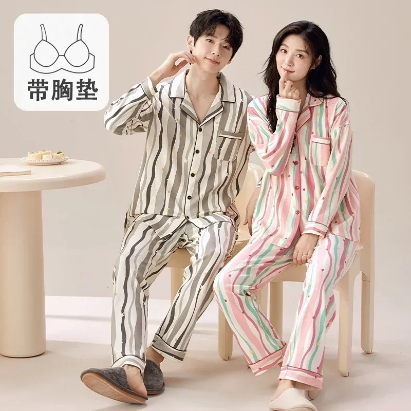 Couple Pajamas Spring and Autumn Women's Cotton Long-sleeved cardigan Sleepwear with chest pad Simple plus size Men's loungewear