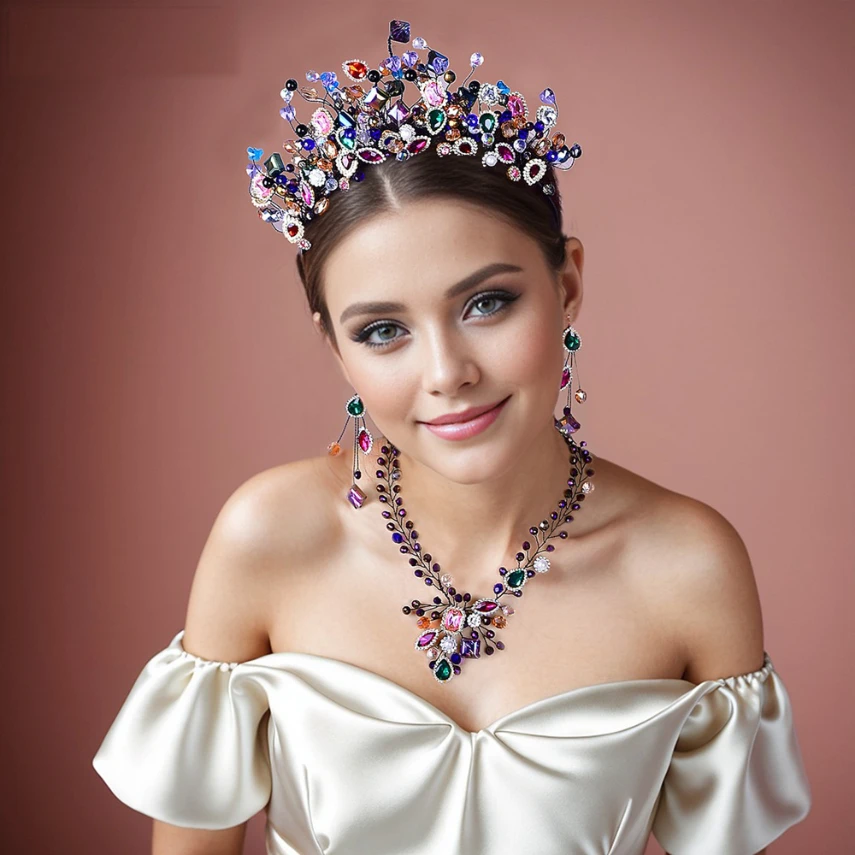 Colorful Rhinestone Crown Luxury Hair Accessories Vintage Headband Festive Hair Jewelry Wedding Party Tiara