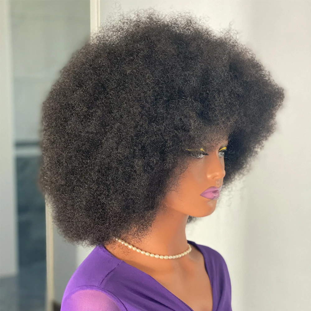 Curto Fofo Afro Kinky Curly Peruca De Cabelo Humano Com Franja, Densidade De 180%, Perucas De Máquina Completas, Natural Pixie Corte De Cabelo Brasileiro