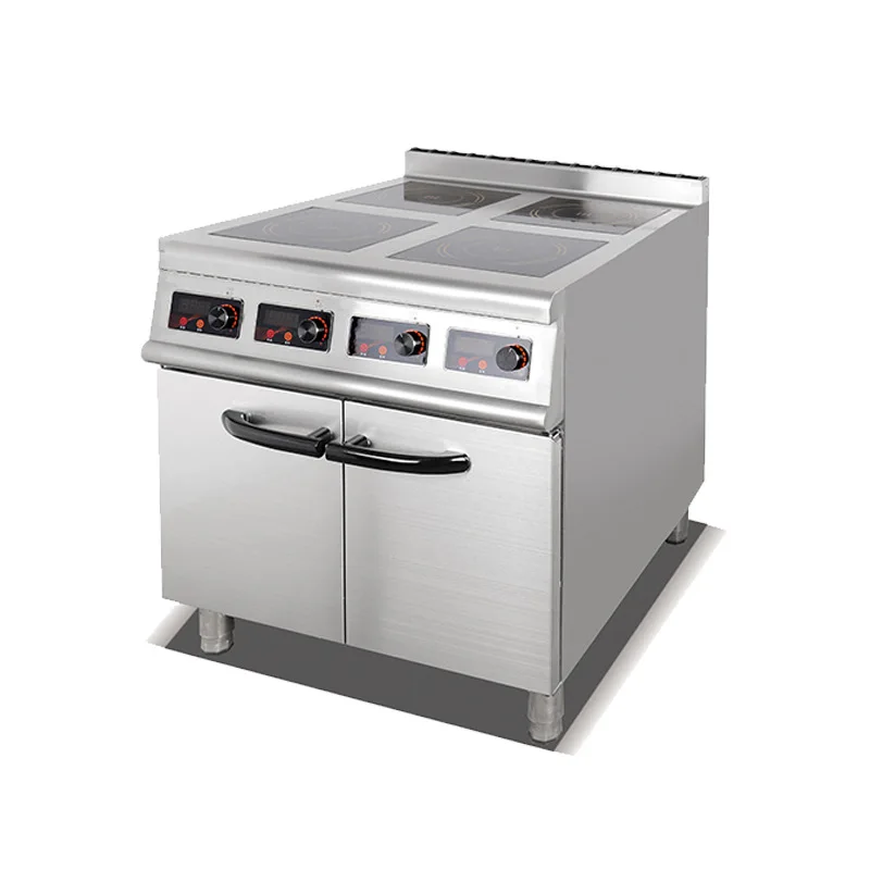 

Commercial vertical four-head induction cooker equipment Cooking stove with oven cabinet seat