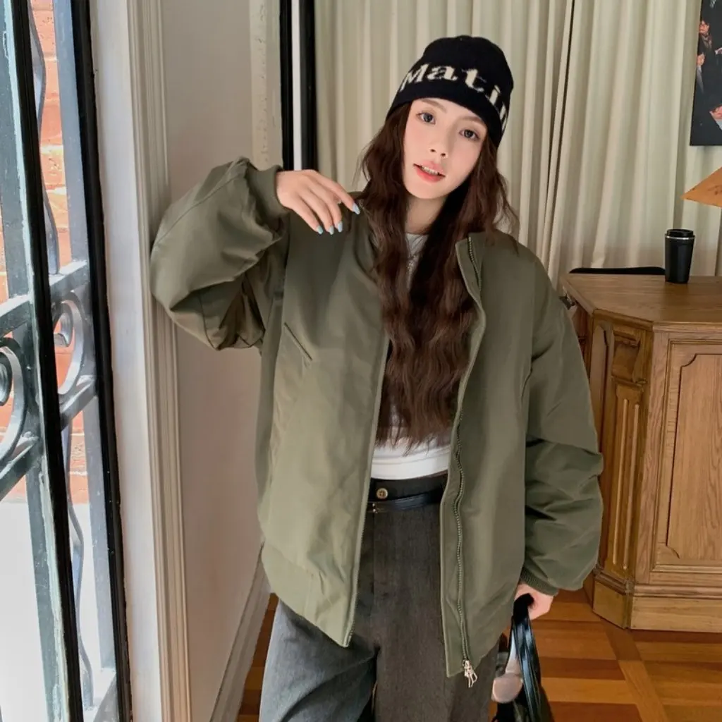 

Korean Style Women's Casual Loose Baseball Jacket Thin Round Neck Outerwear Autumn Winter Fashion Cotton Workwear Coat