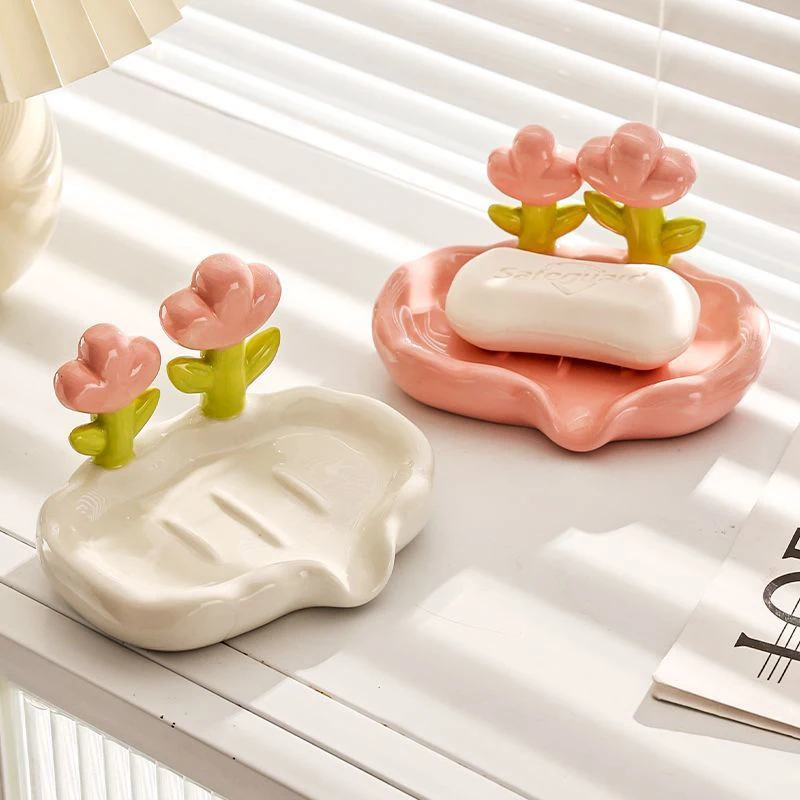 Creative Flower Decor Soap Dish Self Draining Non-slip Soap Holder Cute Plastic Storage Soap Rack Bathroom Accessories