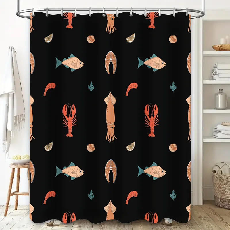 Aquatic Life Animal Print Shower Curtain Fish Lobster Design in Pastel Colors Black Fabric Waterproof Bath Decor for Home Decora
