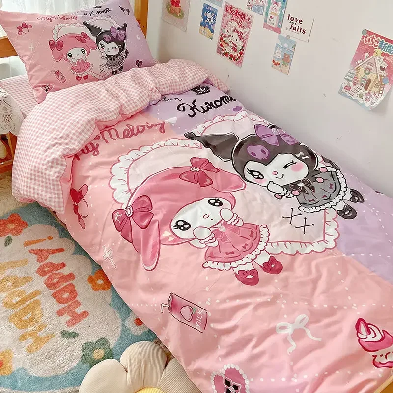 

Sanrio Series Cartoon Cute Student Single Bed 3pcs/4pcs Set Girls Kulomi Bed Linen Quilt Cover Pillowcase Bedding