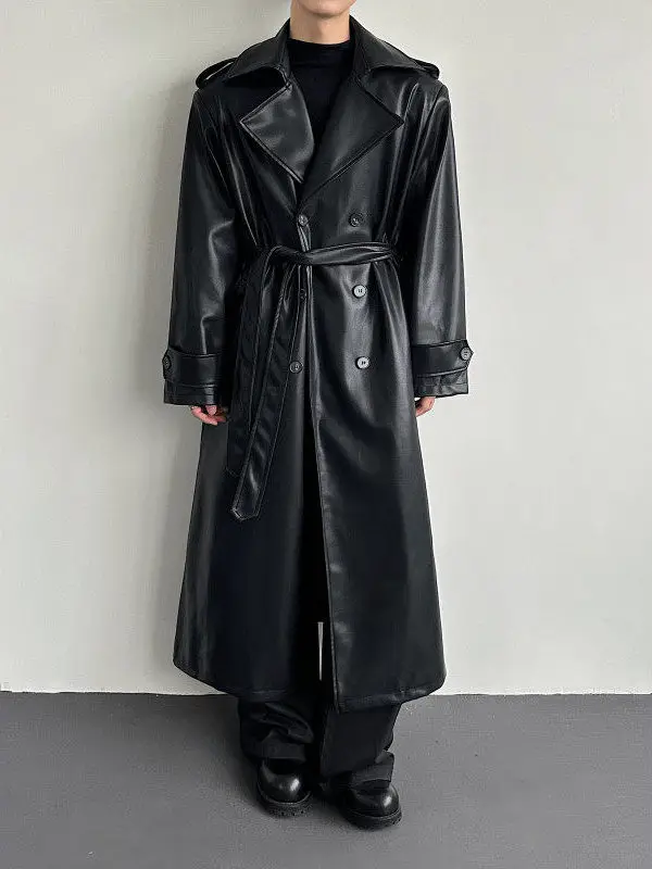 

Long PU Leather Jaet Men's Over-Knee Design Double-Row Button Trendy Haome Belted Coat Leather Windbreaker Spring Faion