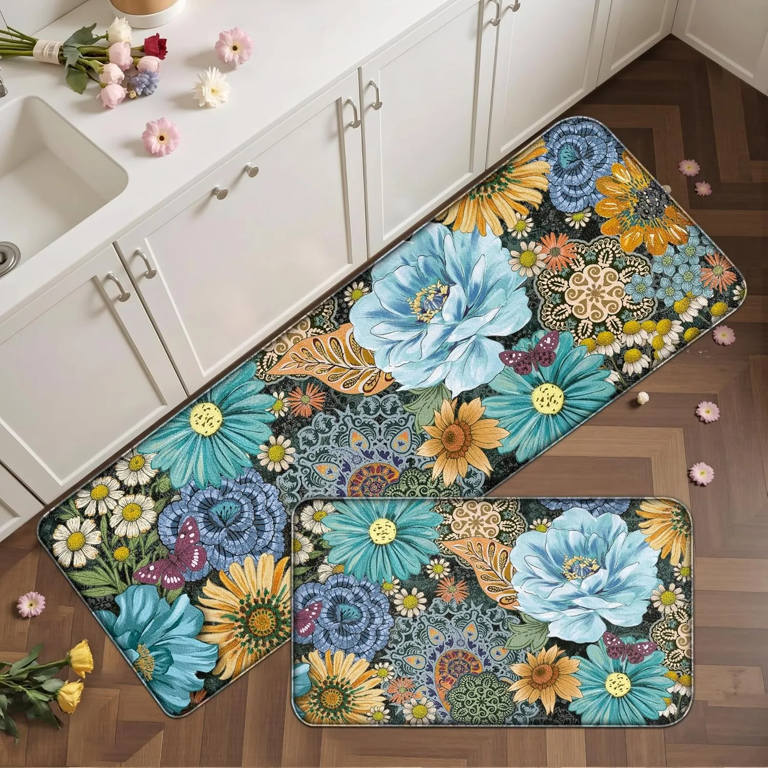 

Vintage Colorful Floral Butterfly Printed Kitchen Mat Non Slip Rug For Kitchen Floor Indoor Home Decor Floral Lovers Use