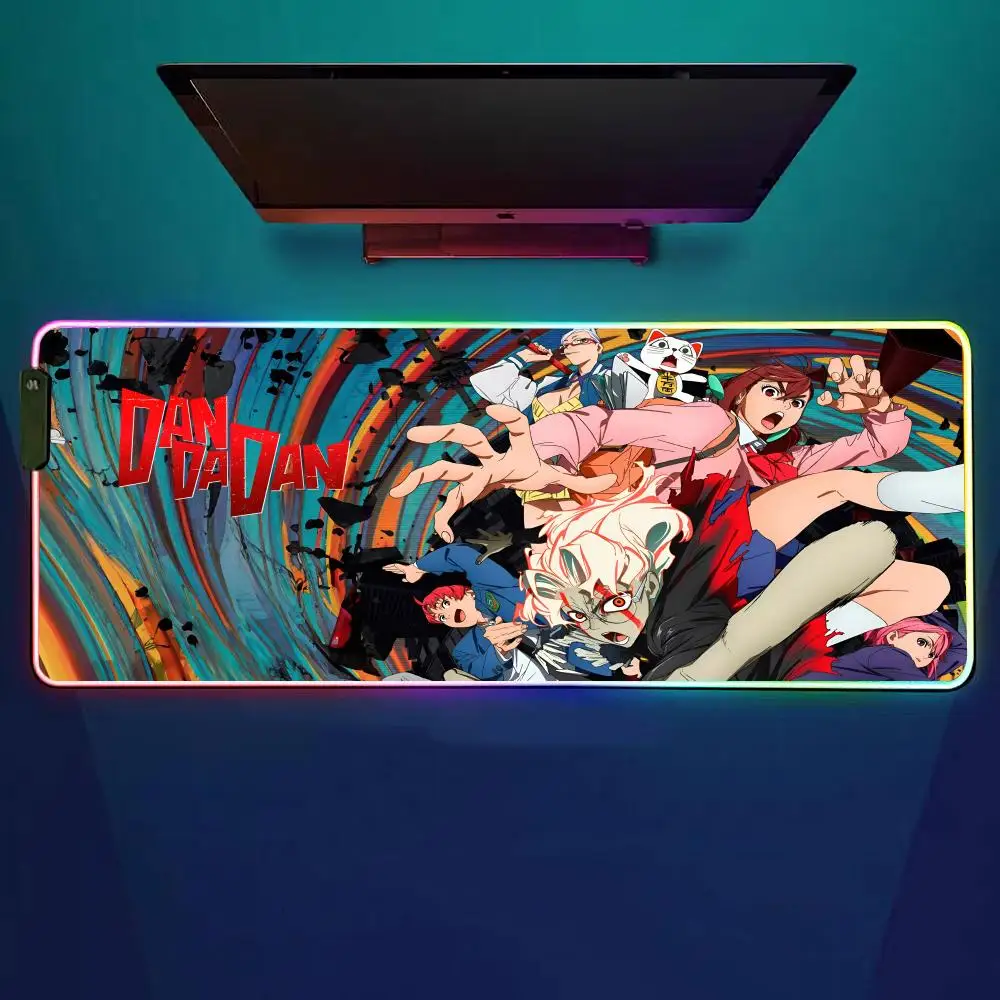 D-d-dandadan 애니메이션 마우스 패드 RGB 게이밍 마우스 패드 데스크 매트 HD 게이머 대형 LED 라이트 XXL 마우스패드