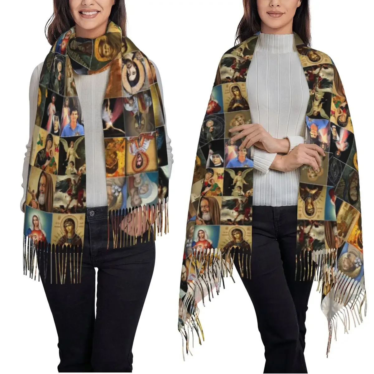 Santi Gesù Maria Fiducia nella tua Sciarpa Sciarpe con nappe per donna Scialli e stole morbidi e caldi Scialle lungo autunno inverno