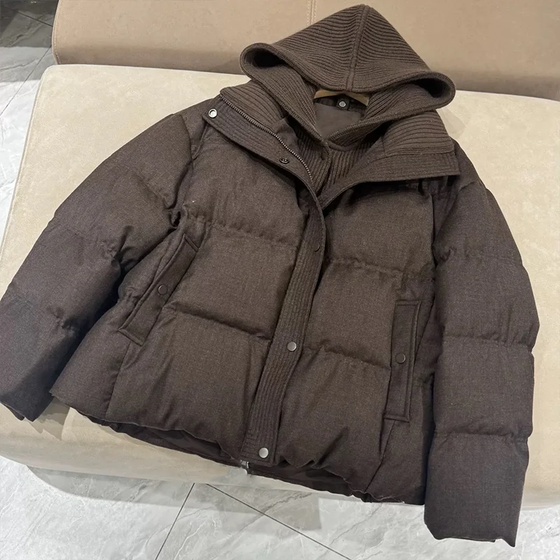 

High quality knitted woolen hoodie with white goose down quilted jacket for women, loose-fitting coat winter clothes 251107132