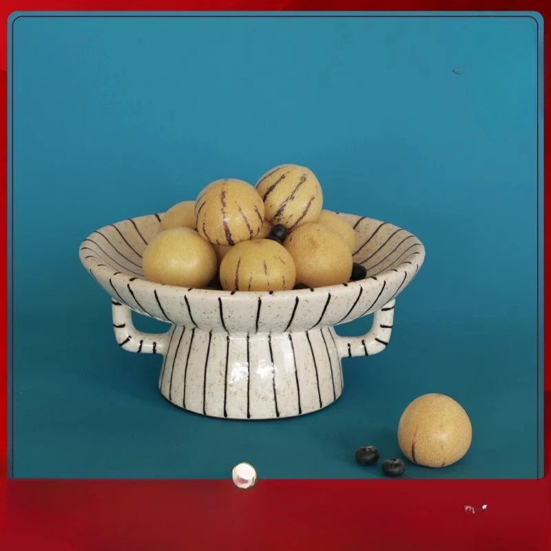 

French high-end striped ceramic fruit plate ornament living room coffee table desktop creative dessert plate snack plate
