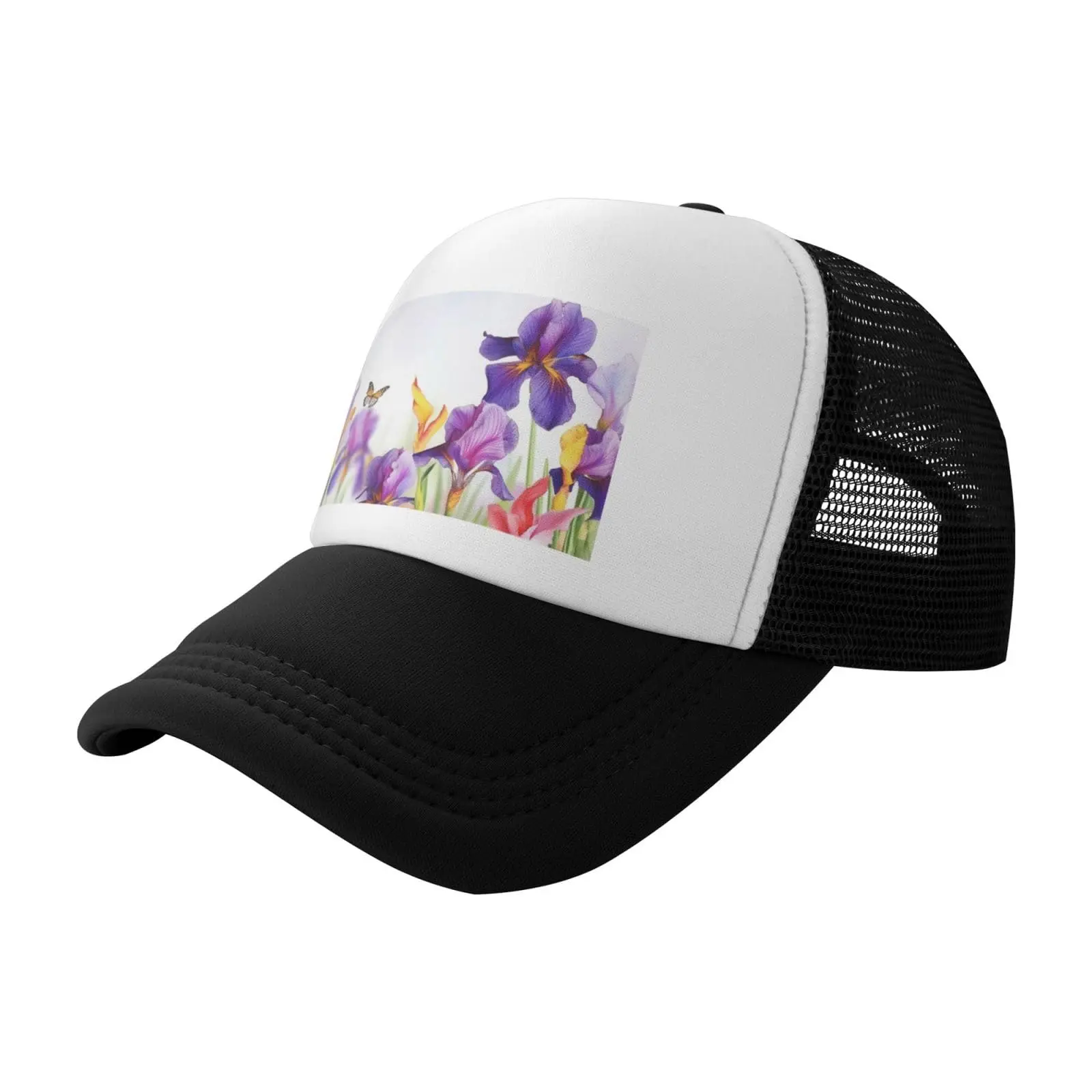 Casquette de camionneur en maille pour femme, chapeaux de camionneur, imprimé fleur d'iris et papillon, sangle Snapback réglable, noir