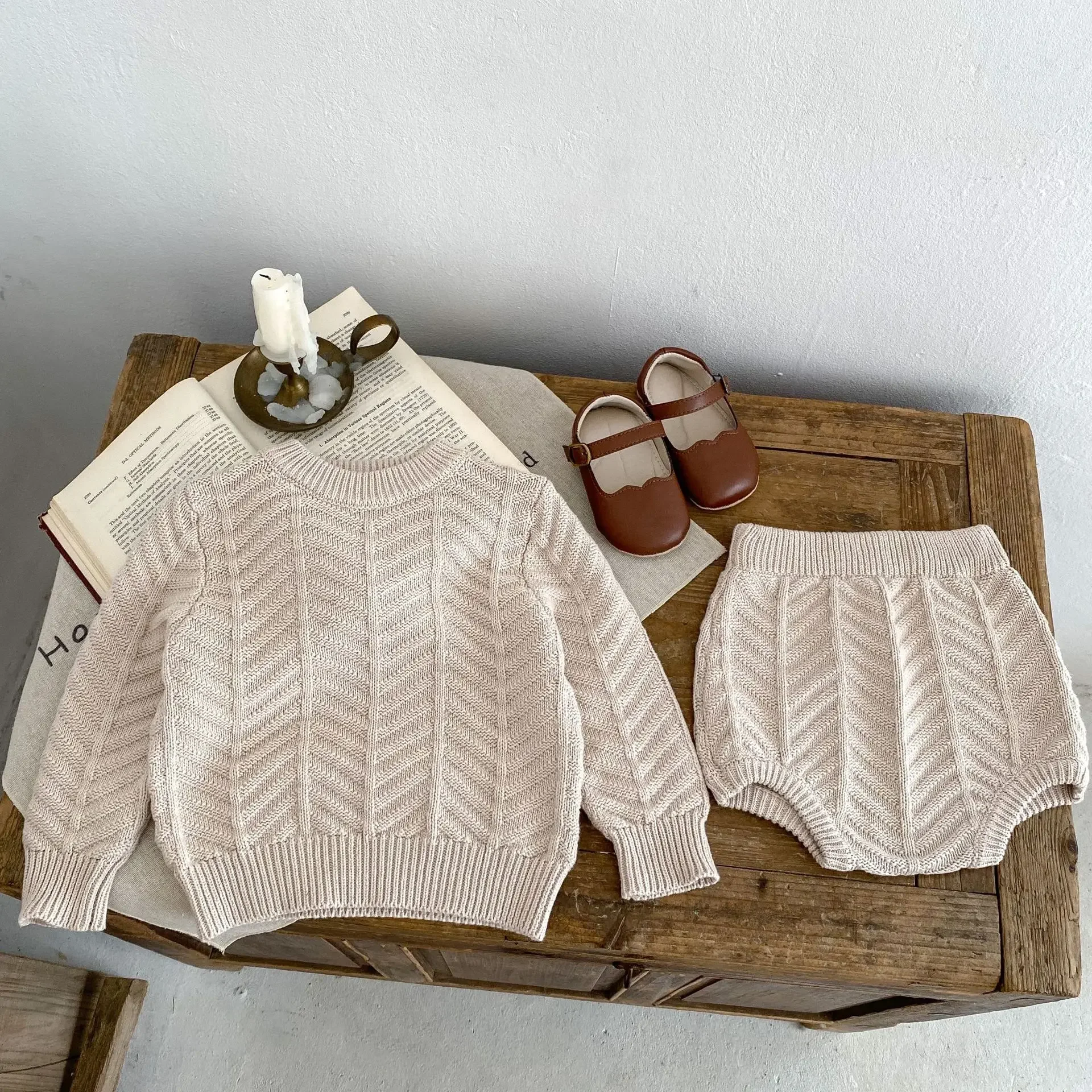 Two Pieces Autumn Knitted Loungewears for 0-3Y Baby Girls Grey Wave Shaped Pullover Shirts Sweaters Shorts Kids Outwears