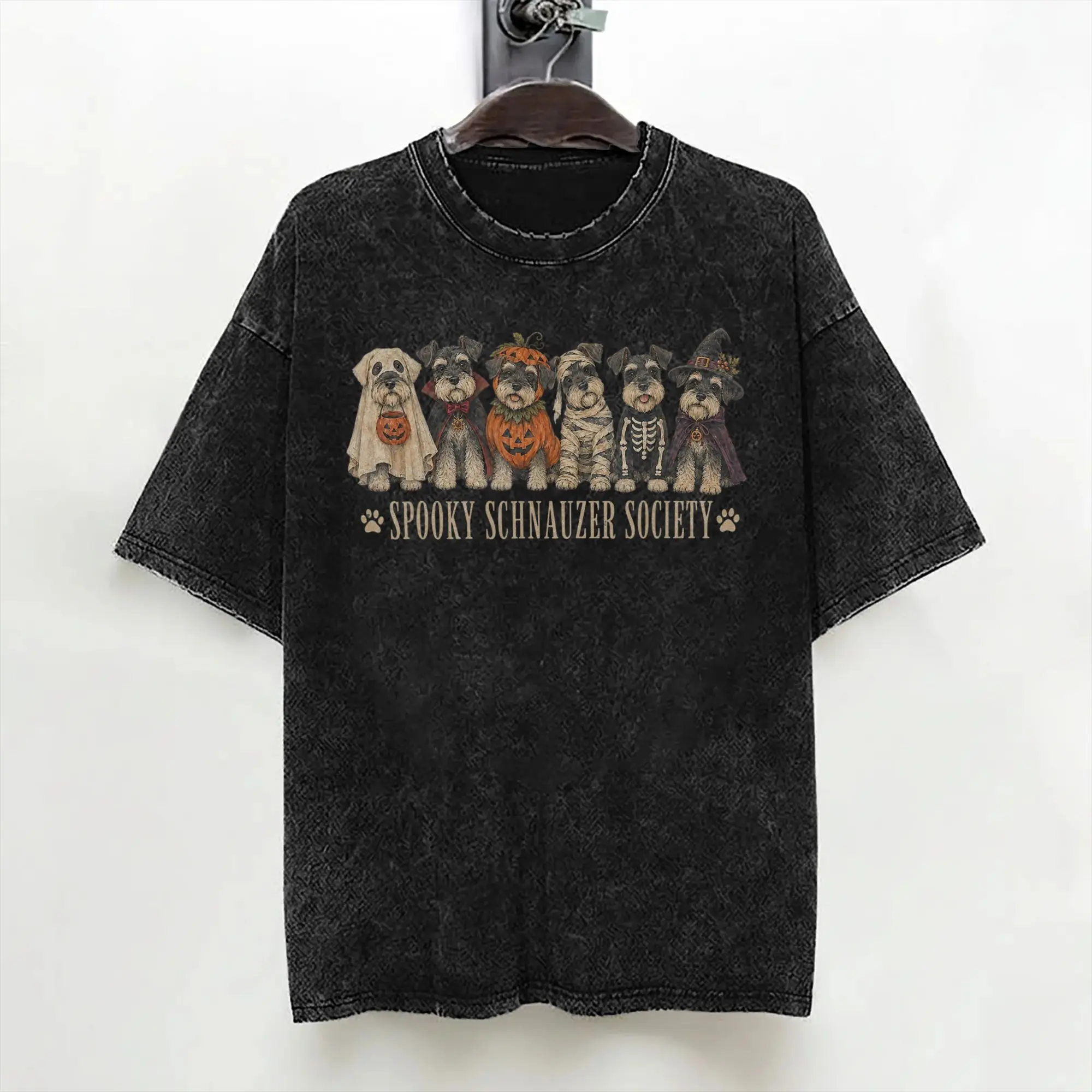 Washed T Shirt Spooky Schnauzer Society Boo Skeleton Dog Hip Hop Retro T-Shirts Street Streetwear Summer Tops Tee Shirt for Men
