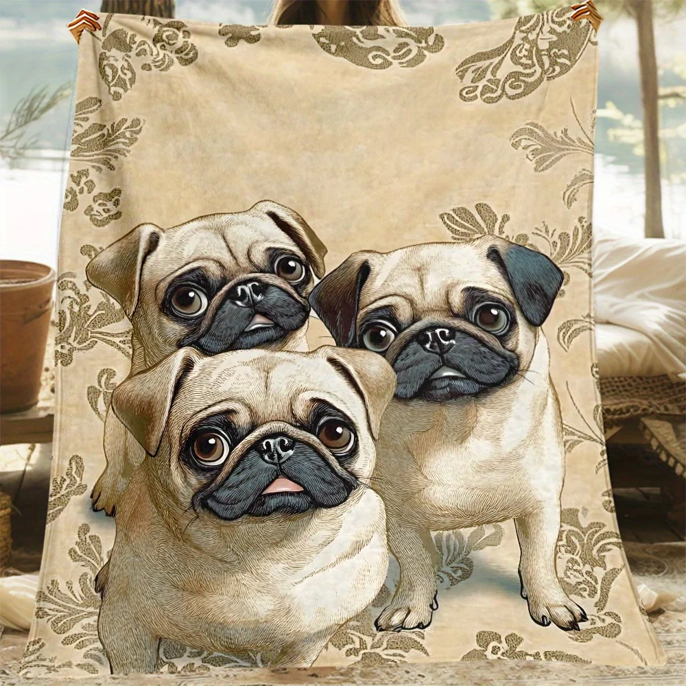 Cute Pug Dog Illustration Blanket Throw Cozy Pet Lover Gift Giant Fleece Blanket 150x230cm Home Decor