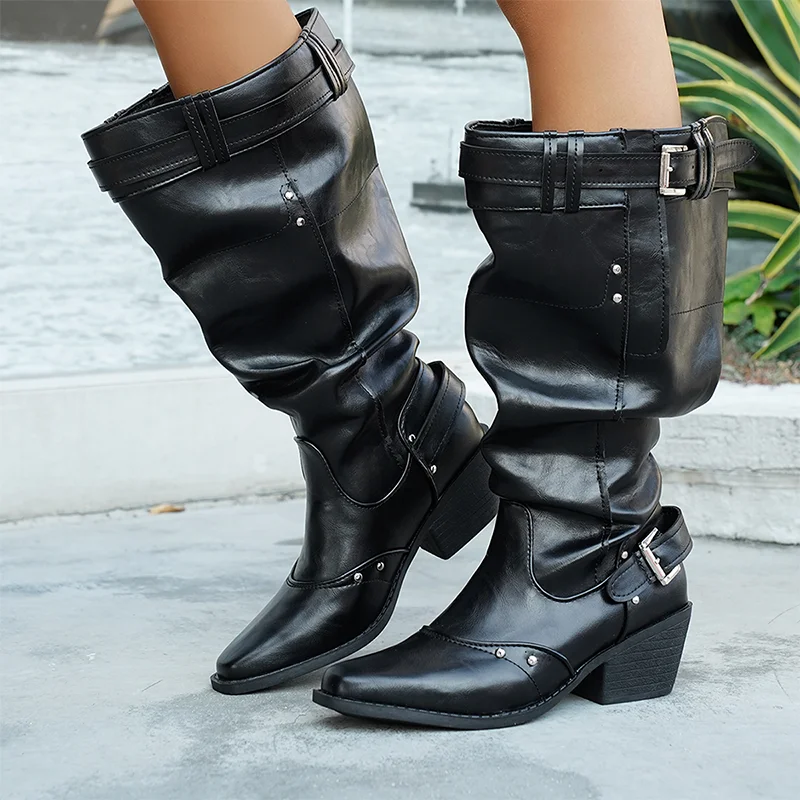 

Designer Pointed Toe Long Boots Mid Heels Knee High Shoes 2025 Winter Leather Chelsea Western Boots New Pumps Trend Ladies Boots