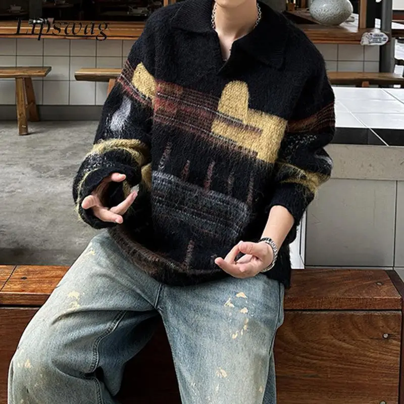 

Contrast Color Knitting Jumper Tops Mens Vintage Turn-down Collar Sweaters Fall Winter Casual Men Long Sleeve Knitted Sweater